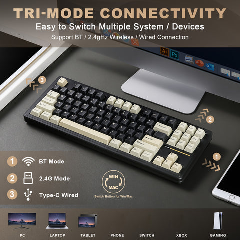 YUNZII YZ87 TKL Mechanical Gaming Keyboard - Compact 75% Design, Warm Swappable, RGB Backlit, 4-Layer Padding, Wireless 5.0/2.4Ghz/Type-C for PC, Mac, Linux