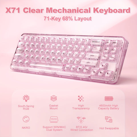 [71-Key Ergonomic Mechanical Keyboard] 1pc YUNZII X71 Ergonomic Mechanical Keyboard, 68% Layout 71-Key, with BT5.0/2.4G/USB-C Wired Tri-Mode, Transparent Keycap, Backlit, Hotkeys & Media Keys, USB Charging, Polymer Lithium Battery, for Win/Mac