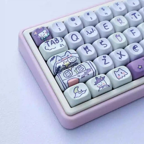 Cute Purple Wizard Magic Cat PBT ISO Keycap Set for Mechanical Keyboard, Kawaii Keycap Set, PBT DyeSub, Moa Mda Cherry Profile, 131 & 150pcs