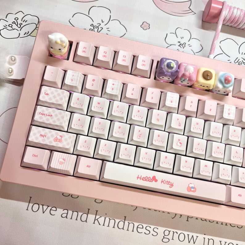 Cute Pink Hello Kitty Theme Keycap Set for Mechanical Keyboard | Artisan Pastel Design Keycaps - KeyArtisan®