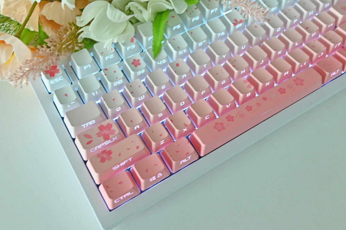 Backlit Soft Pink Cherry Blossom Keycap Set for Mechanical Keyboard | Translucent RGB | Side Print | 133 keys | OEM Profile | PBT Material
