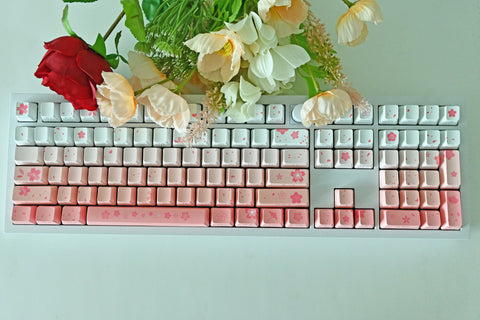 Backlit Soft Pink Cherry Blossom Keycap Set for Mechanical Keyboard | Translucent RGB | Side Print | 133 keys | OEM Profile | PBT Material
