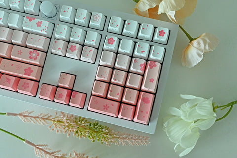Backlit Soft Pink Cherry Blossom Keycap Set for Mechanical Keyboard | Translucent RGB | Side Print | 133 keys | OEM Profile | PBT Material