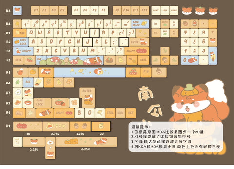 Pumpkin Fox keycaps - KCA and MDA profile keycap sets - pumpkin and fox themed keycaps - Custom Novelty Keycaps included