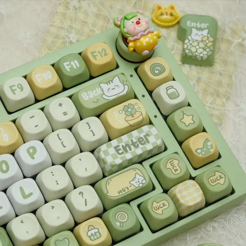 Lucky Cat Green Keycaps | MOA Profile Keycap Set | PBT Material | Keycaps For MX Switch | GMk Clone Artisan Keycap Set