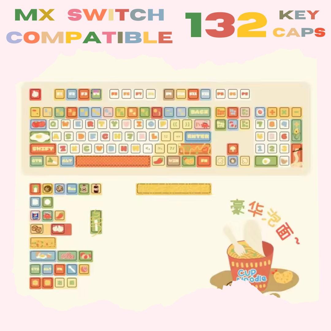 132 Key Keycap Set Cute Ramen-Inspired, MX Switch, MOA Profile, PBT Dye Sublimation Mechanical Keyboard Keycaps, Gamer Girl Gift Ideas