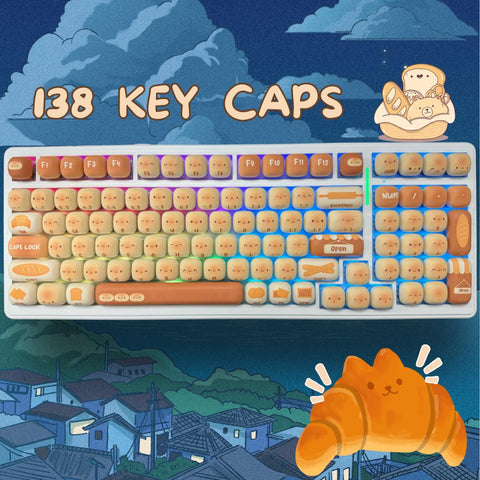 138 Keycap Set Cute Bread Keycaps MOG Profile, PBT Keycaps, Cherry MX Switches, Mechanical Keyboard Keycaps, Anime Keycaps Gamer Keyboard