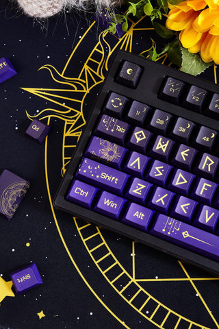 Cool Purple Gradient Night Sky Fantasy Keycap Set for Mechanical Keyboard, Backlit Keycap Set, Side-Printed, OEM, PBT Dye-Sub, 130/135pcs