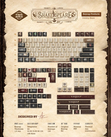 Shakespeare's Ace Concept Keycap Set, Great Literary Figures Series, Cherry Profile, PBT, Keycap Thickness 1.6 mm, 152 Keycaps