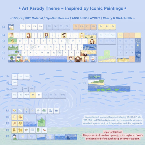 Cute Art Parody Theme PBT ISO Keycap Set for Mechanical Keyboard, DMA & Cherry Profile, Inspired by Iconic Paintings, DyeSub Process, 150pcs