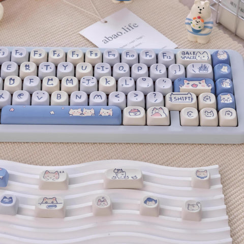 Cute Blue Meow Meow Theme Cat PBT Keycap Set for Mechanical Keyboard, Kawaii Keycap Set, Artisan Keycap Set, MOA Profile, PBT DyeSub, 114pcs
