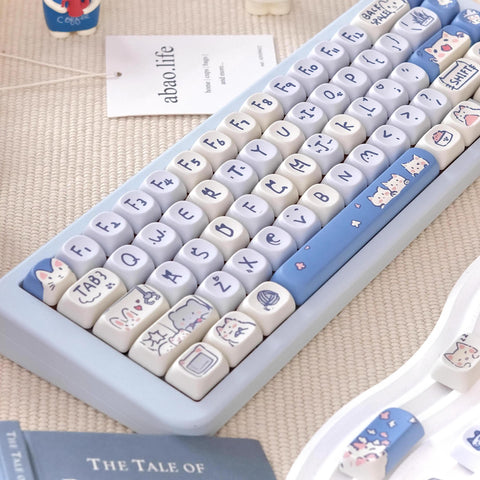 Cute Blue Meow Meow Theme Cat PBT Keycap Set for Mechanical Keyboard, Kawaii Keycap Set, Artisan Keycap Set, MOA Profile, PBT DyeSub, 114pcs