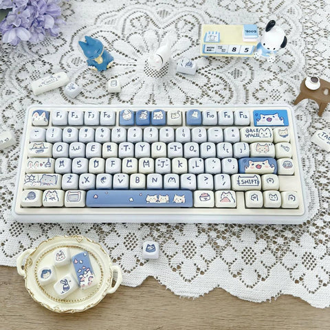 Cute Blue Meow Meow Theme Cat PBT Keycap Set for Mechanical Keyboard, Kawaii Keycap Set, Artisan Keycap Set, MOA Profile, PBT DyeSub, 114pcs