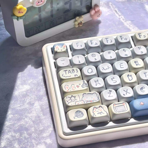 Cute Blue Meow Meow Theme Cat PBT Keycap Set for Mechanical Keyboard, Kawaii Keycap Set, Artisan Keycap Set, MOA Profile, PBT DyeSub, 114pcs