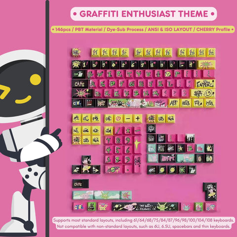 Graffiti Enthusiast Theme Cool Keycap Set for Mechanical Keyboard, PBT, ISO, Cherry Profile, Dye-Sub Legends, Mx(+)Switches, 146pcs