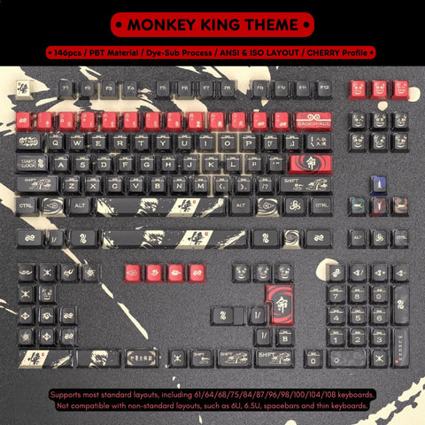 Monkey King Theme Keycaps Set for Mechanical Keyboard, PBT, ISO, Cherry Profile, Dye-Sub Legends, Mx(+)Switches, 146pcs