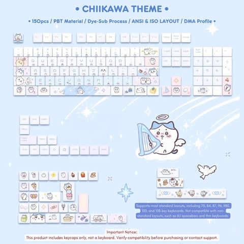 Cute Chiikawa Theme PBT ISO Anime Keycap Set for Mechanical Keyboard, Kawaii Keycap Set, DMA Profile, Dye-Sub Process, 150pcs