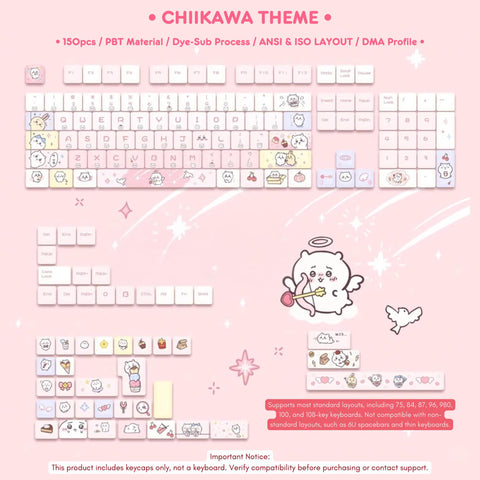 Cute Chiikawa Theme PBT ISO Anime Keycap Set for Mechanical Keyboard, Kawaii Keycap Set, DMA Profile, Dye-Sub Process, 150pcs