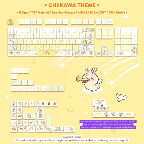 Cute Chiikawa Theme PBT ISO Anime Keycap Set for Mechanical Keyboard, Kawaii Keycap Set, DMA Profile, Dye-Sub Process, 150pcs