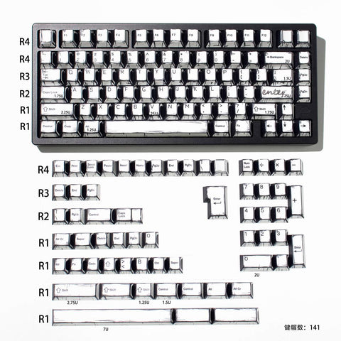 Cool Manga Black & White Graffiti Keycap Set for Mechanical Keyboard, Artisan Keycap, Drawing-Style, Cherry Profile, ISO, PBT DyeSub, 141pcs