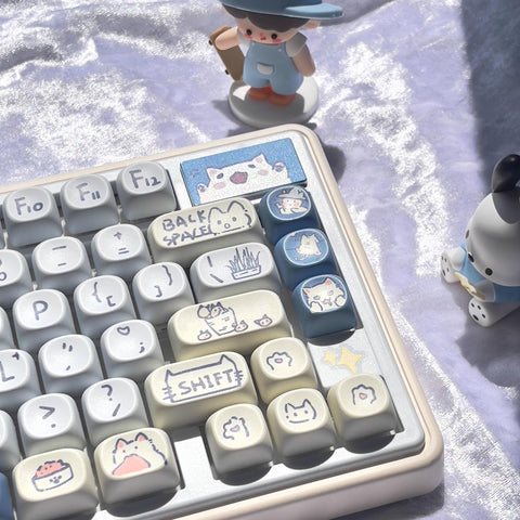 Cute Blue Meow Meow Theme Cat PBT Keycap Set for Mechanical Keyboard, Kawaii Keycap Set, Artisan Keycap Set, MOA Profile, PBT DyeSub, 114pcs