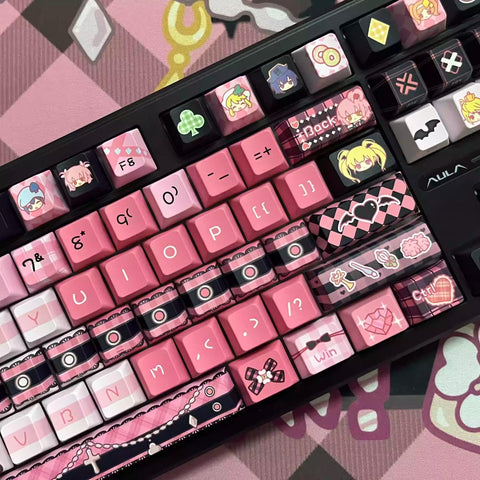 Cool Guardian Theme PBT MOA Pink Keycap Set for Mechanical Keyboard, Artisan Keycaps, ISO Keycaps, Cherry & Moa Profile, Dye-Sub, 142pcs
