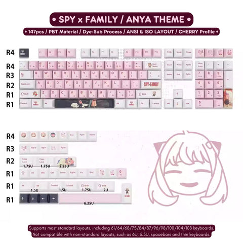Cute Pink Spy x Family Theme Anya Keycap Set for Mechanical Keyboard, Anime Keycap Set, Japanese Keycap, PBT Dye-Sub, Cherry Profile, 147pcs