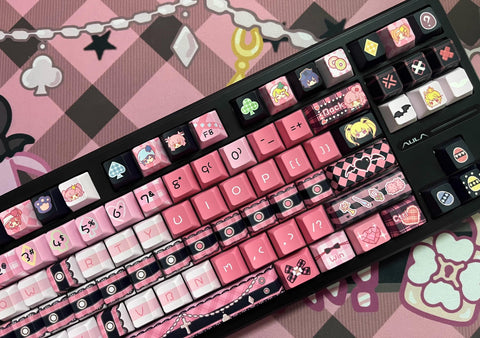 Cool Guardian Theme PBT MOA Pink Keycap Set for Mechanical Keyboard, Artisan Keycaps, ISO Keycaps, Cherry & Moa Profile, Dye-Sub, 142pcs