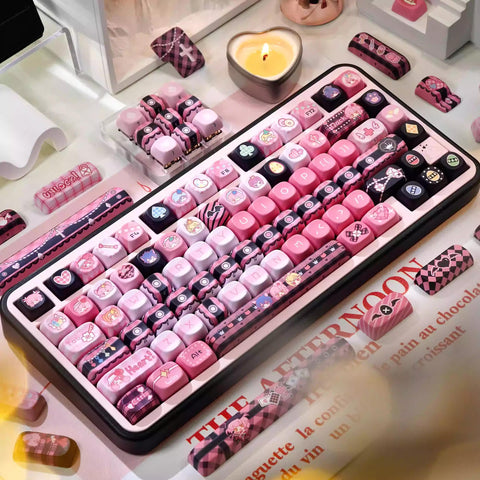 Cool Guardian Theme PBT MOA Pink Keycap Set for Mechanical Keyboard, Artisan Keycaps, ISO Keycaps, Cherry & Moa Profile, Dye-Sub, 142pcs