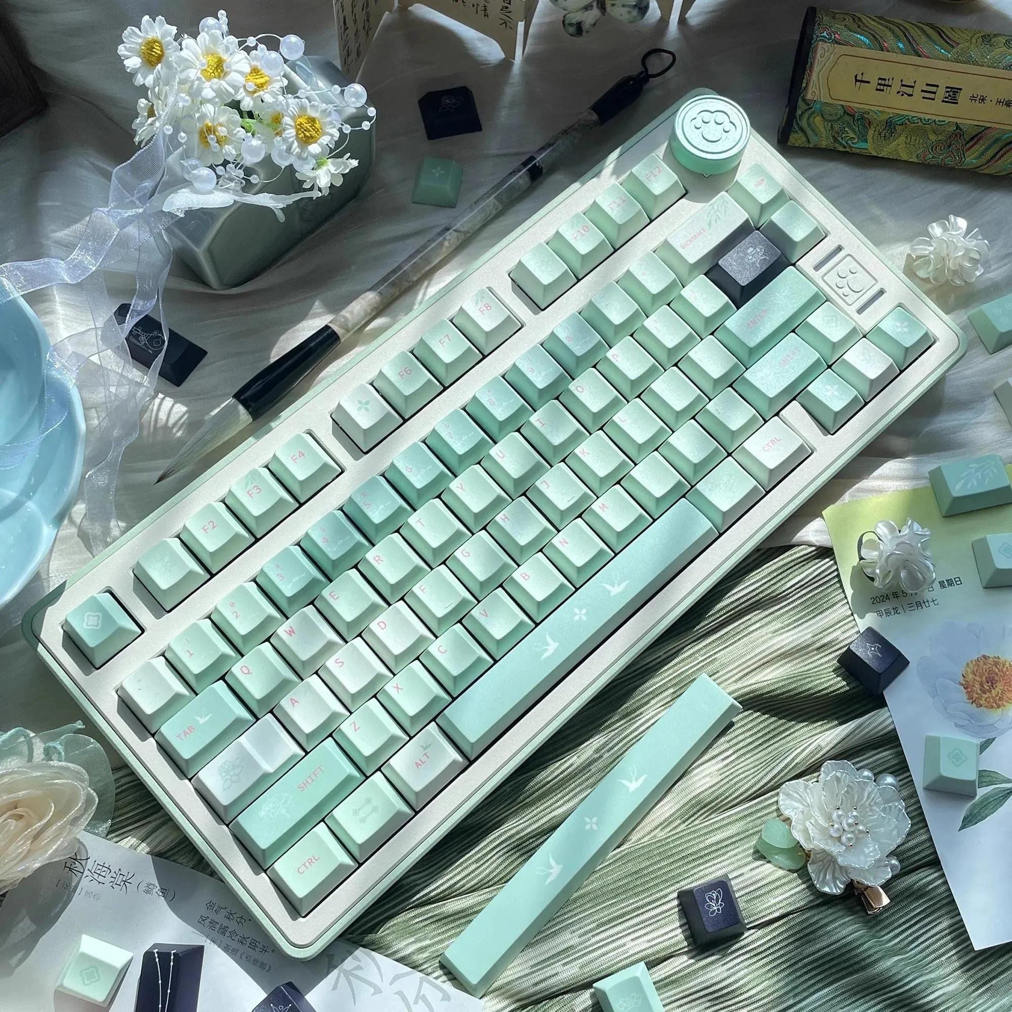Cute Green Floral Matcha PBT Keycaps Set for Mechanical Keyboard, Artisan Keycaps, Cherry Profile, PBT Dye-Sub, Mx(+)Switches, 133pcs