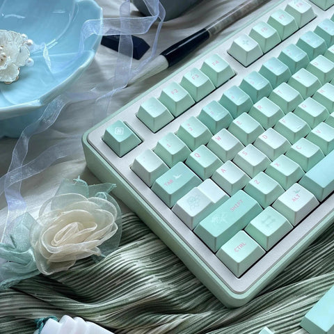 Cute Green Floral Matcha PBT Keycaps Set for Mechanical Keyboard, Artisan Keycaps, Cherry Profile, PBT Dye-Sub, Mx(+)Switches, 133pcs