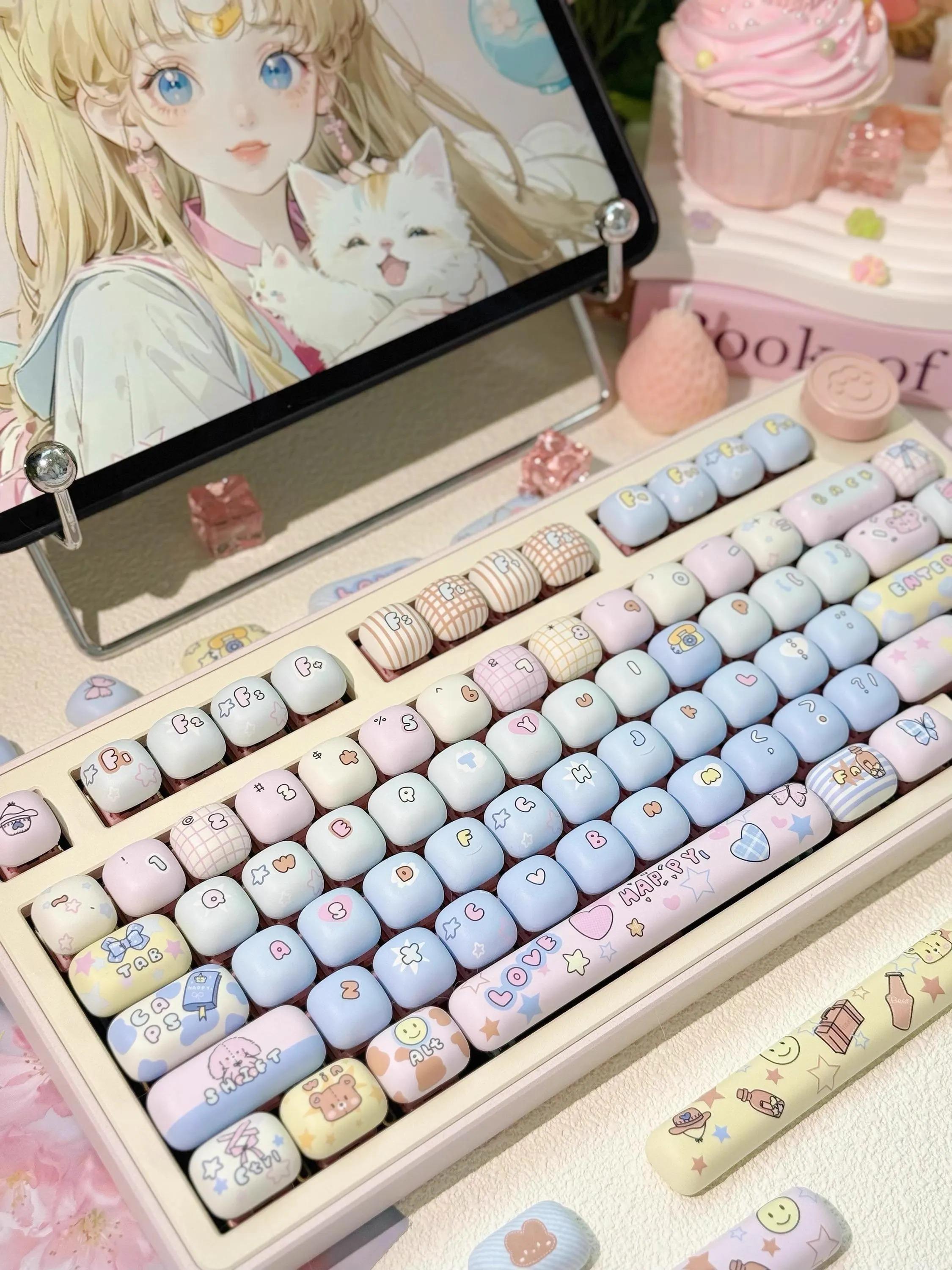 Cute Gradient MOG Round Keycap Set for Mechanical Keyboard, Cartoon Keycaps, Kawaii Keycaps, PBT Dye-Sub, Mx(+)Switches, 137pcs