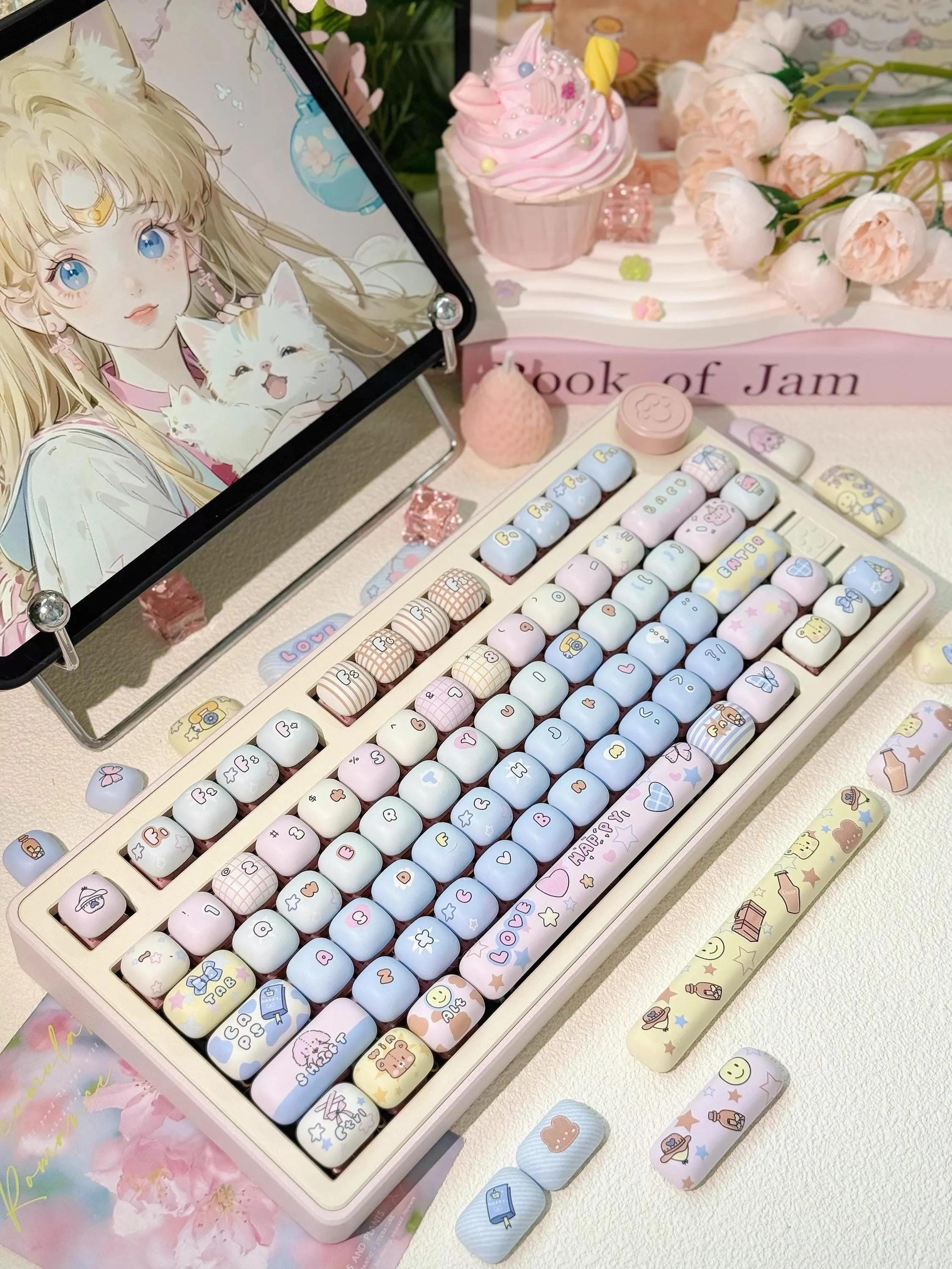 Cute Gradient MOG Round Keycap Set for Mechanical Keyboard, Cartoon Keycaps, Kawaii Keycaps, PBT Dye-Sub, Mx(+)Switches, 137pcs