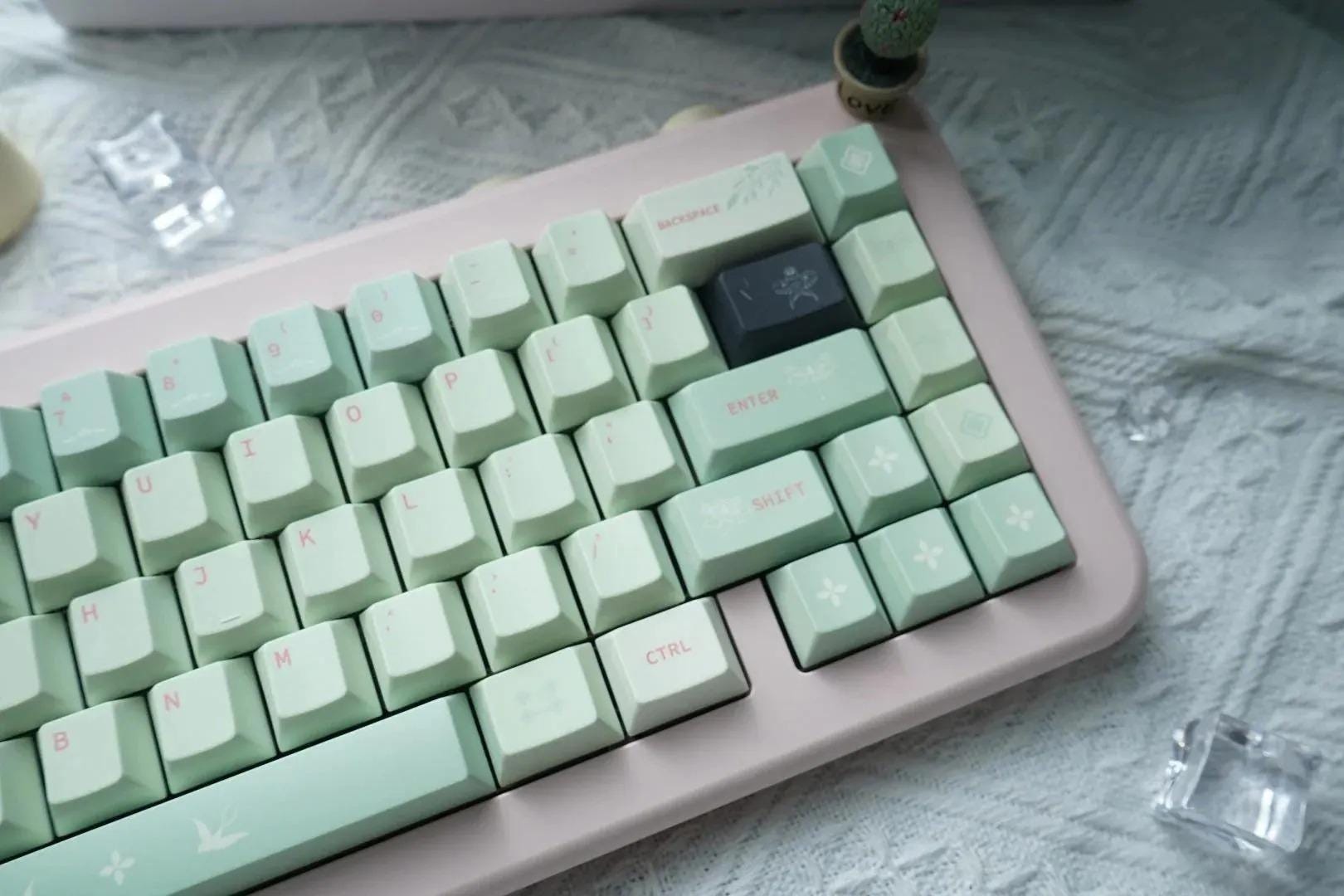 Cute Green Floral Matcha PBT Keycaps Set for Mechanical Keyboard, Artisan Keycaps, Cherry Profile, PBT Dye-Sub, Mx(+)Switches, 133pcs