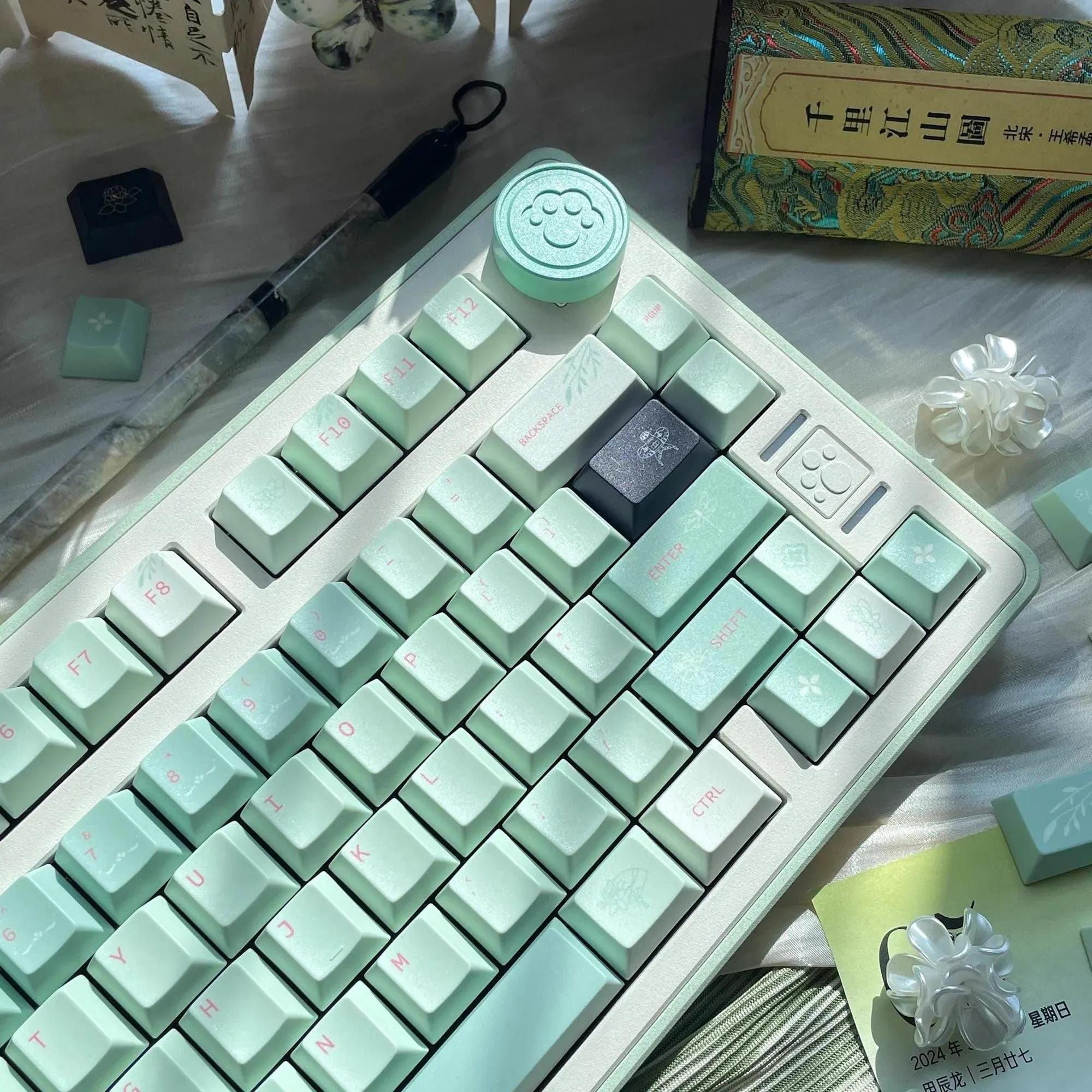 Cute Green Floral Matcha PBT Keycaps Set for Mechanical Keyboard, Artisan Keycaps, Cherry Profile, PBT Dye-Sub, Mx(+)Switches, 133pcs