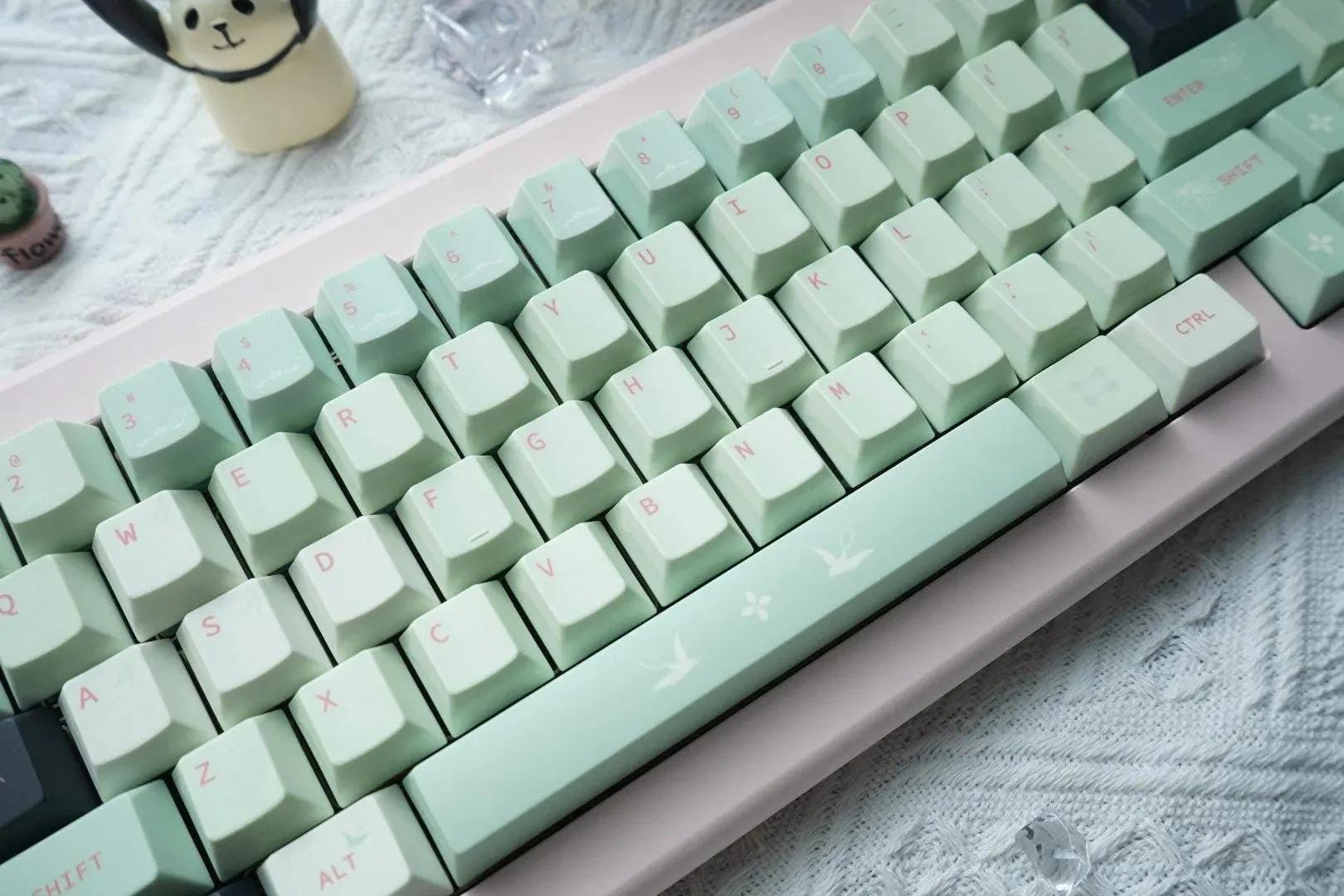 Cute Green Floral Matcha PBT Keycaps Set for Mechanical Keyboard, Artisan Keycaps, Cherry Profile, PBT Dye-Sub, Mx(+)Switches, 133pcs