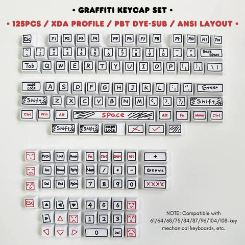 Cute Graffiti Theme PBT XDA Keycap Set for Mechanical Keyboard, Artisan Keycap Set, Kawaii Keycap Set, XDA Profile, Pbt Dye-Sub, 125pcs