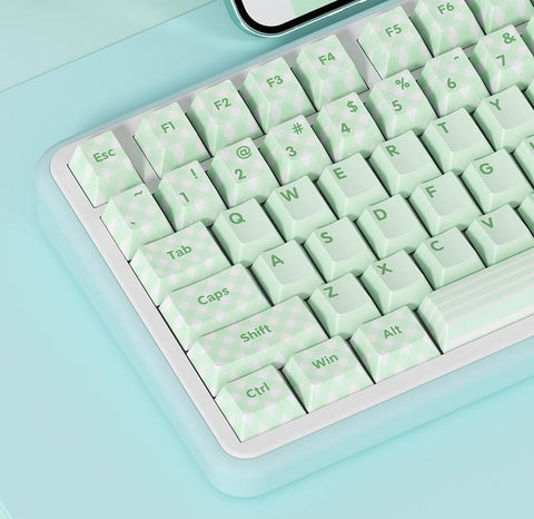 Cute Green Matcha Mint Plaid Keycaps Set for Mechanical Keyboard, Artisan Keycaps, PBT Dye-Sub, Cherry Profile, Mx(+)Switches, 129pcs