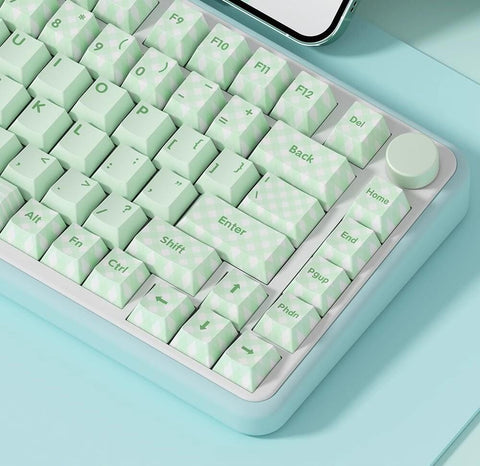 Cute Green Matcha Mint Plaid Keycaps Set for Mechanical Keyboard, Artisan Keycaps, PBT Dye-Sub, Cherry Profile, Mx(+)Switches, 129pcs
