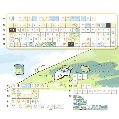Cute Happy Duck Theme Artisan Keycap Set for Mechanical Keyboard, Kawaii Keycaps, ISO Keycaps, PBT Dye-Sub, Mx(+)Switches, 149pcs