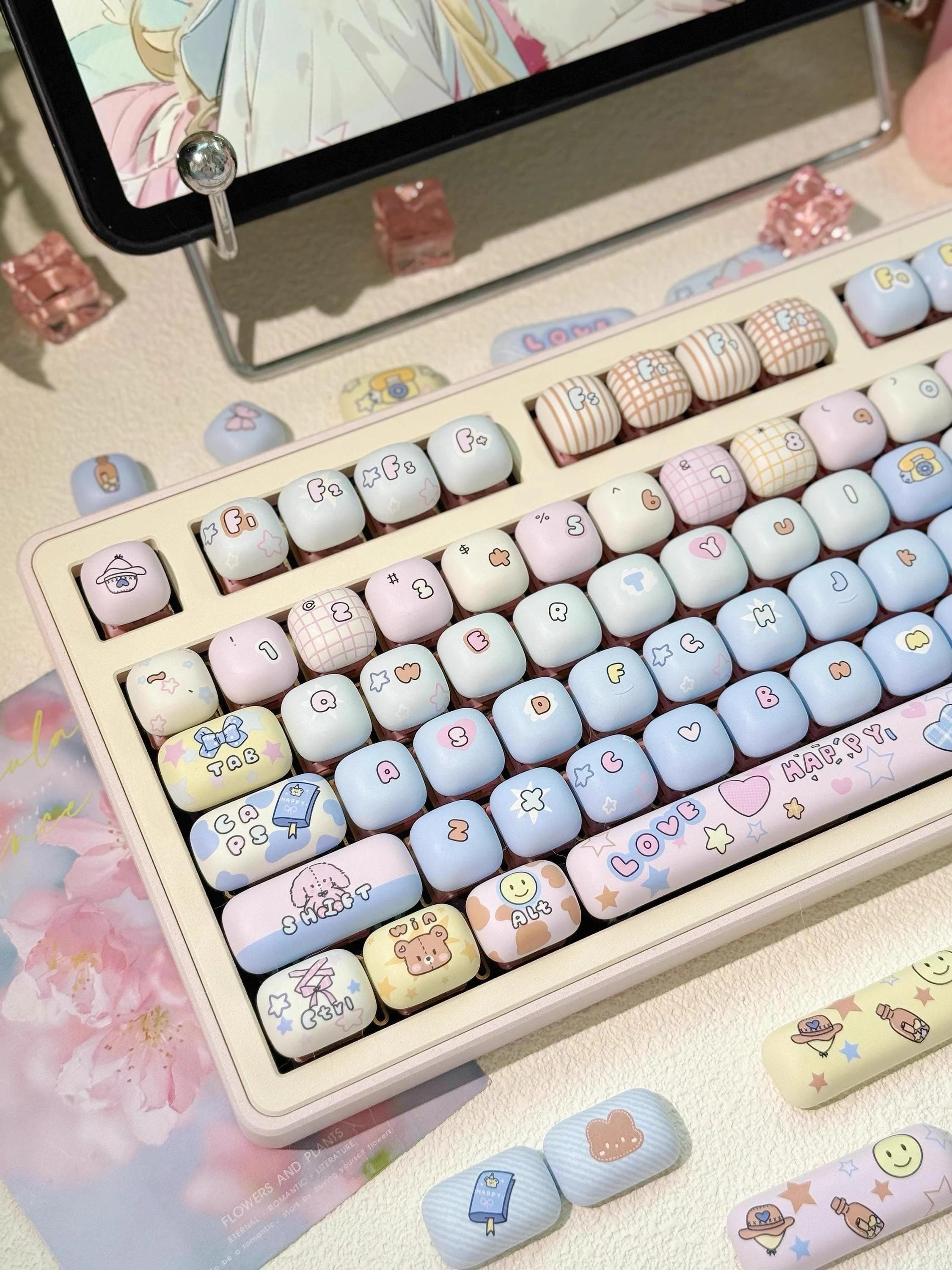 Cute Gradient MOG Round Keycap Set for Mechanical Keyboard, Cartoon Keycaps, Kawaii Keycaps, PBT Dye-Sub, Mx(+)Switches, 137pcs