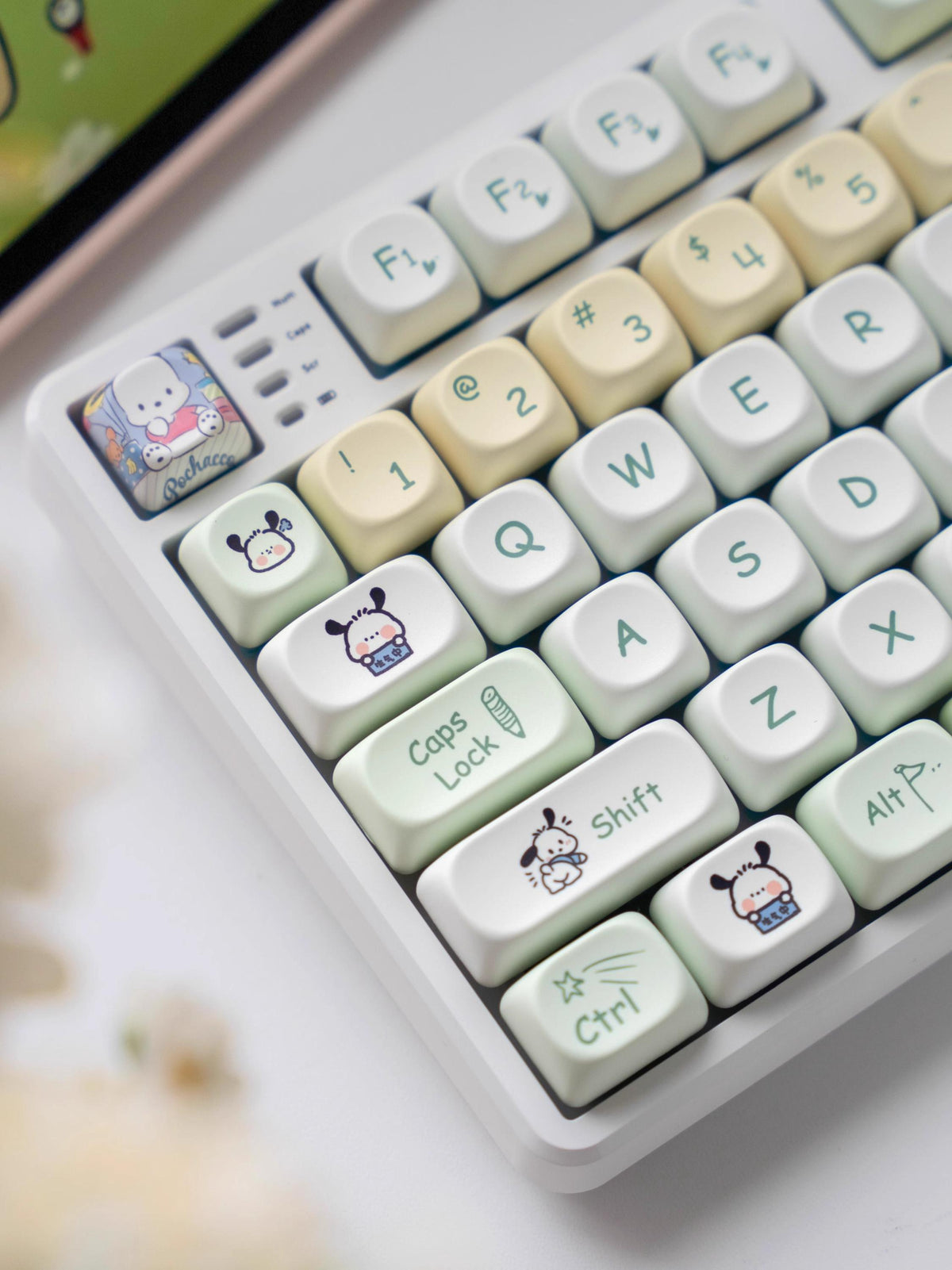 Cute Pochacco Theme Green Keycap Set for Mechanical Keyboard, Kawaii Keycaps, Artisan Keycaps, PBT Dye-Sub, MOA Profile, 148pcs