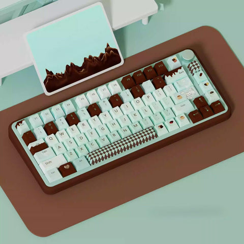 Cute Green Mint Black Chocolate Keycaps Set for Mechanical Keyboard, Artisan Keycaps, Cherry & SOA Profile, PBT DyeSub, Mx(+)Switch, 148pcs
