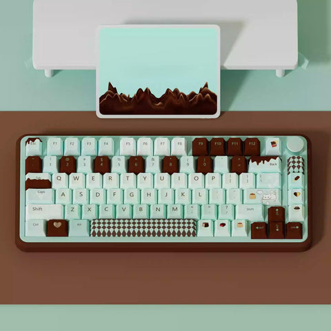 Cute Green Mint Black Chocolate Keycaps Set for Mechanical Keyboard, Artisan Keycaps, Cherry & SOA Profile, PBT DyeSub, Mx(+)Switch, 148pcs