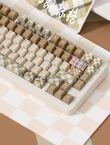 British Style Brown Retro Plaid Keycaps Set for Mechanical Keyboard, Artisan Keycaps, Cherry Profile, PBT Dye-Sub, Mx(+)Switches, 138pcs