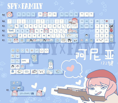Cute Blue Spy X Family Anime Keycaps Set for Mechanical Keyboard, Anya Keycaps, Kawaii Keycaps, Artisan Keycaps, MOA/DMA Profile, 132/151pcs