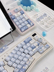 Cute Kitty's Life Theme Blue Cat Keycaps Set for Mechanical Keyboard, Kawaii Keycaps, MDA Profile, PBT Dye-Sub, Mx(+)Switches, 134pcs