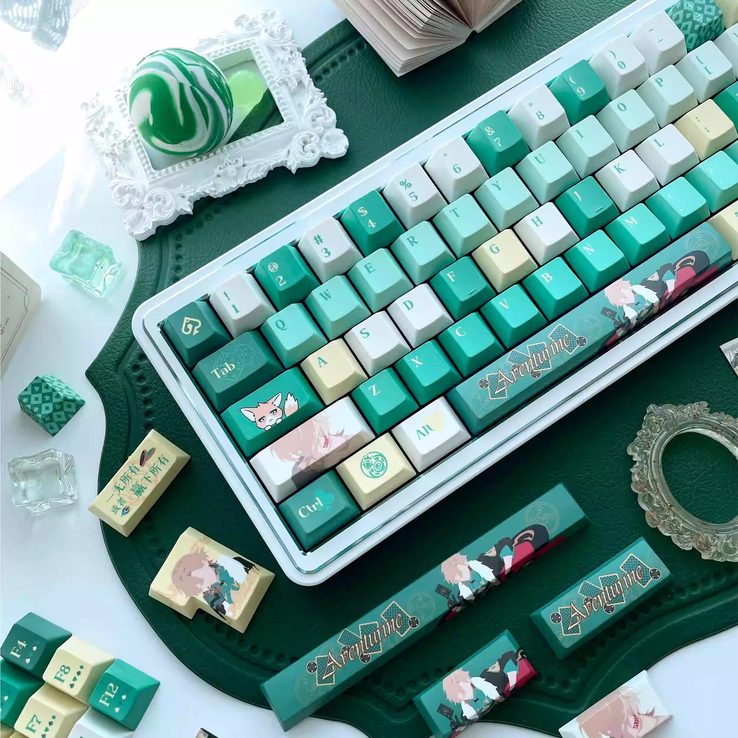 Green Aventurine Theme Anime Keycaps Set for Mechanical Keyboard | Casino Dice & Cards Theme – KeyArtisan®