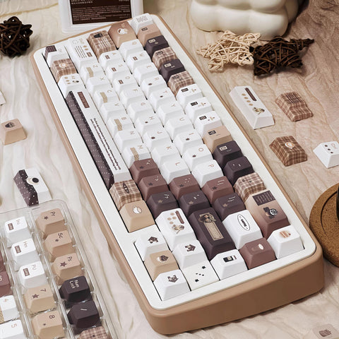 Cute Brown Cozy Cafe Theme Coffee Keycap Set for Mechanical Keyboard | Mocha & Plaid Design Keycaps – KeyArtisan®