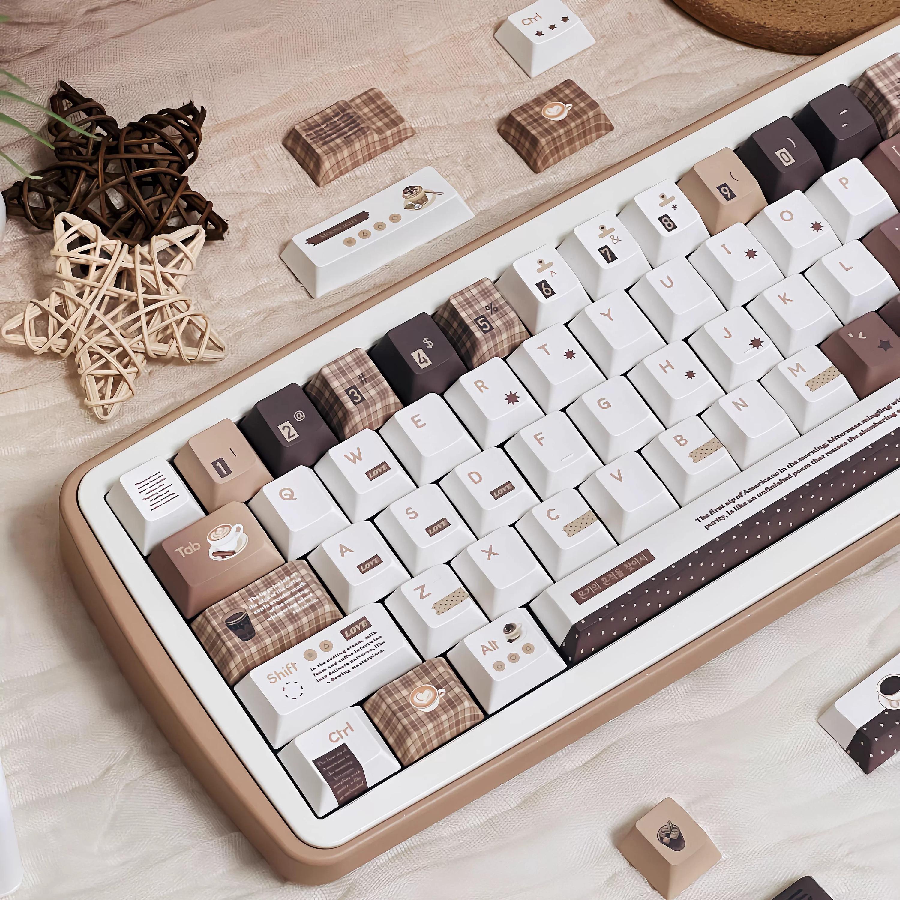 Cute Brown Cozy Cafe Theme Coffee Keycap Set for Mechanical Keyboard | Mocha & Plaid Design Keycaps – KeyArtisan®